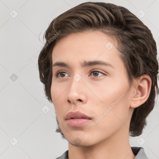 Neutral white young-adult female with medium  brown hair and grey eyes