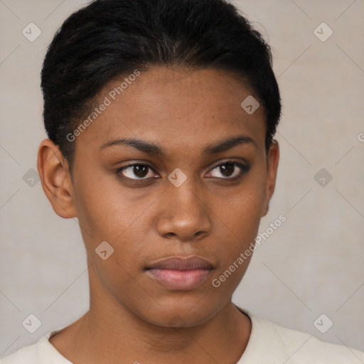 Neutral black young-adult female with short  black hair and brown eyes