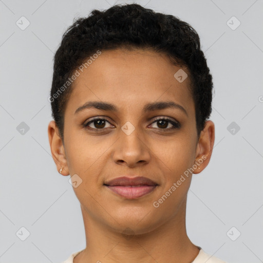 Joyful latino young-adult female with short  black hair and brown eyes