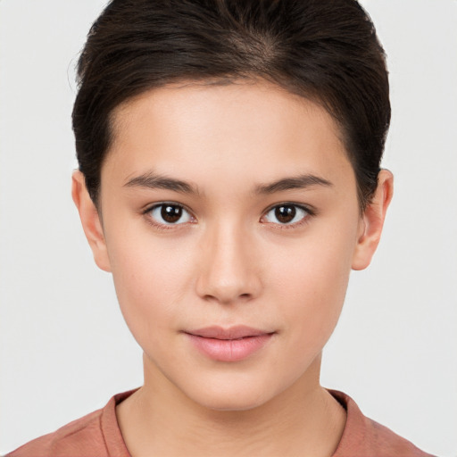 Neutral white young-adult female with short  brown hair and brown eyes