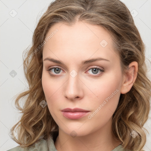 Neutral white young-adult female with long  brown hair and grey eyes