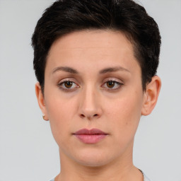 Neutral white young-adult female with short  brown hair and brown eyes