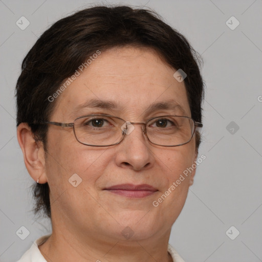 Joyful white adult female with short  brown hair and brown eyes