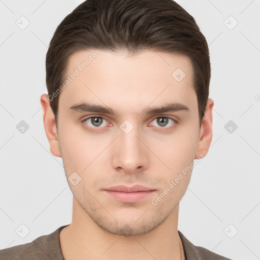 Neutral white young-adult male with short  brown hair and brown eyes