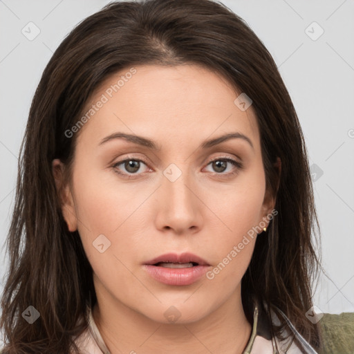 Neutral white young-adult female with medium  brown hair and brown eyes