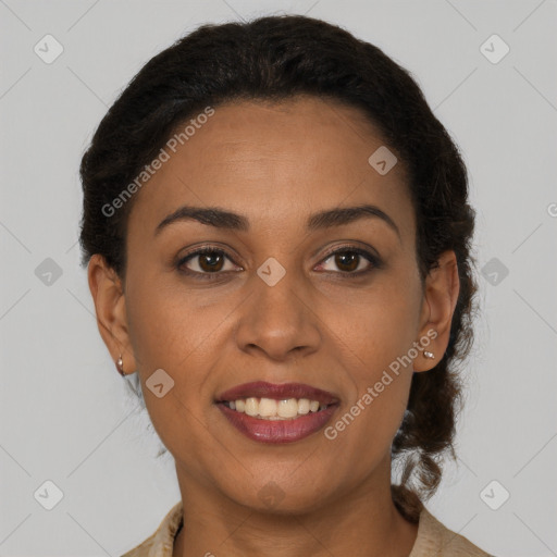 Joyful latino young-adult female with short  brown hair and brown eyes