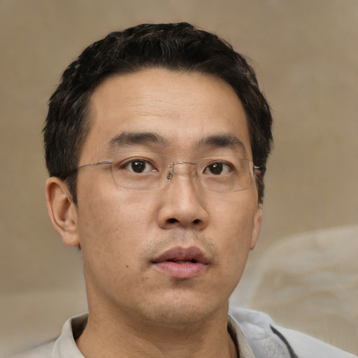 Neutral asian adult male with short  black hair and brown eyes
