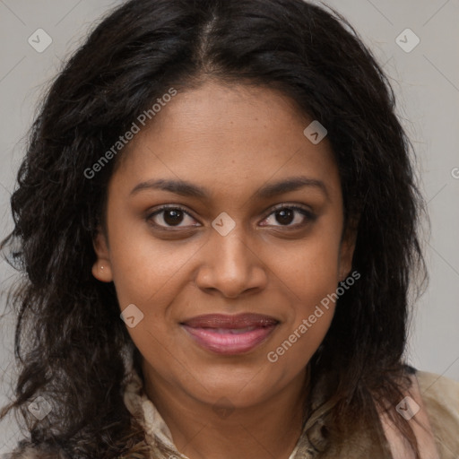 Joyful black young-adult female with long  brown hair and brown eyes