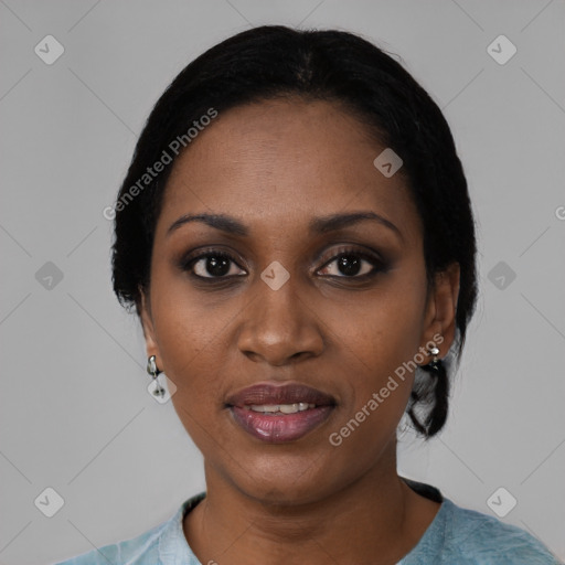 Joyful black young-adult female with medium  black hair and brown eyes