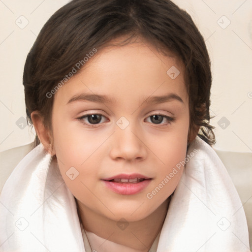 Joyful white child female with medium  brown hair and brown eyes