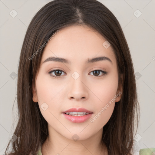 Neutral white young-adult female with long  brown hair and brown eyes