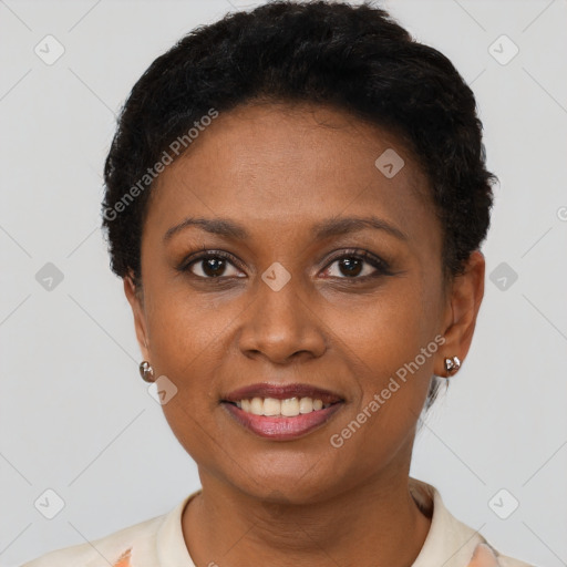 Joyful latino young-adult female with short  black hair and brown eyes