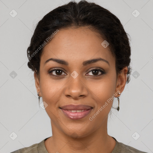 Joyful latino young-adult female with short  brown hair and brown eyes