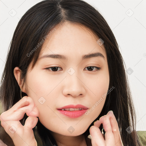 Neutral white young-adult female with long  brown hair and brown eyes