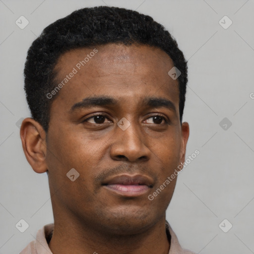 Neutral black young-adult male with short  black hair and brown eyes