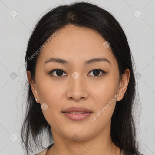 Joyful asian young-adult female with medium  black hair and brown eyes