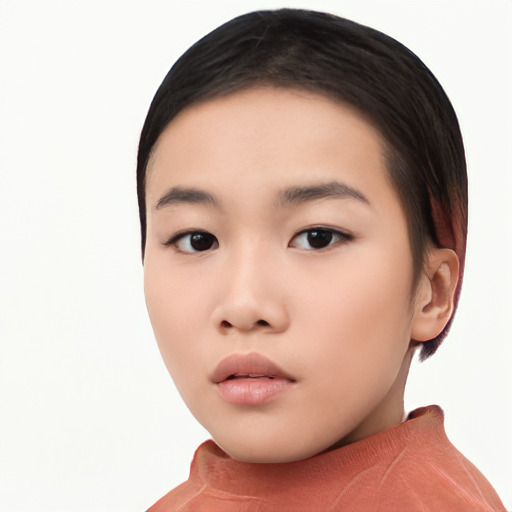 Neutral asian young-adult female with short  black hair and brown eyes