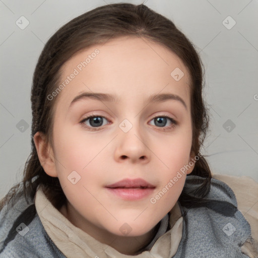 Neutral white child female with medium  brown hair and blue eyes