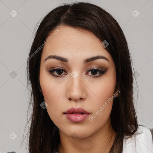 Neutral white young-adult female with long  brown hair and brown eyes