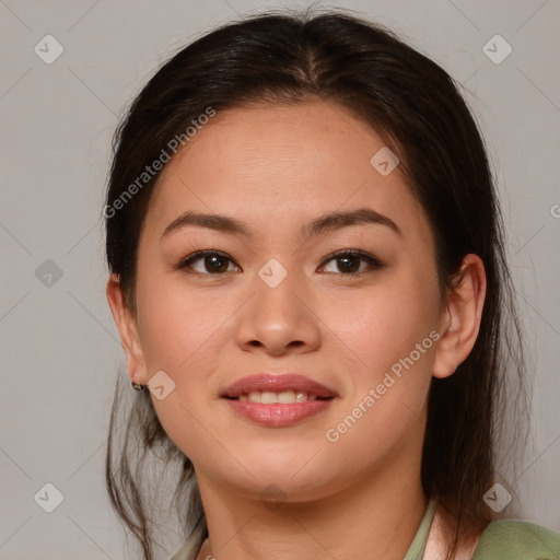 Joyful white young-adult female with medium  brown hair and brown eyes