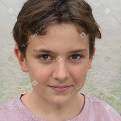 Joyful white child female with short  brown hair and brown eyes