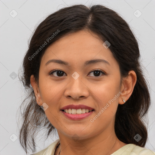 Joyful white young-adult female with medium  brown hair and brown eyes