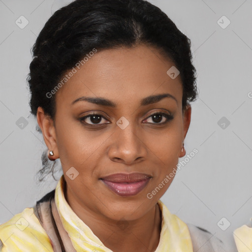 Joyful latino young-adult female with short  brown hair and brown eyes