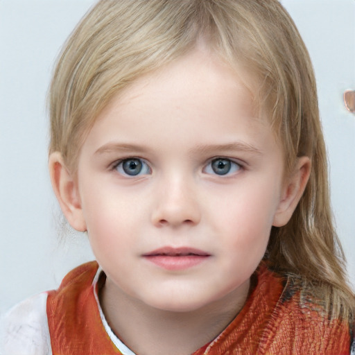 Neutral white child female with medium  brown hair and grey eyes