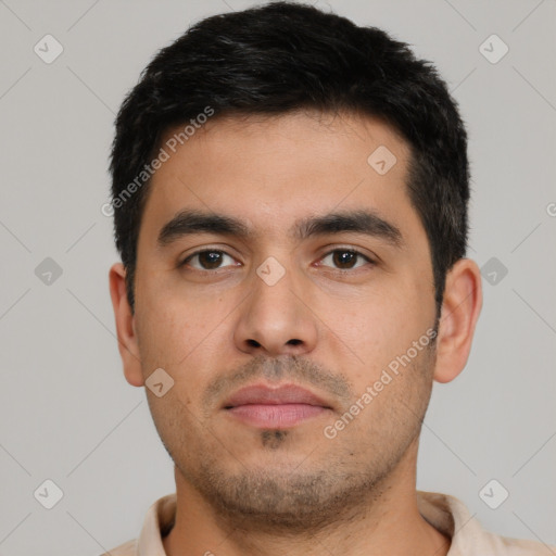 Neutral latino young-adult male with short  black hair and brown eyes