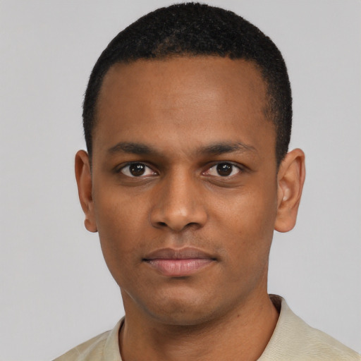 Neutral black young-adult male with short  black hair and brown eyes