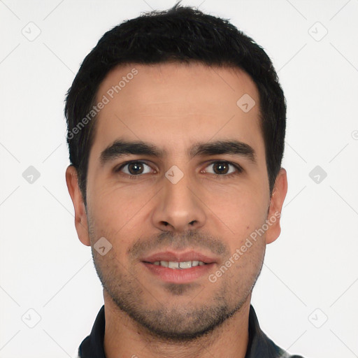 Neutral white young-adult male with short  black hair and brown eyes