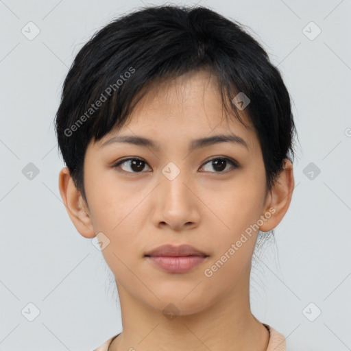 Neutral asian young-adult female with short  black hair and brown eyes