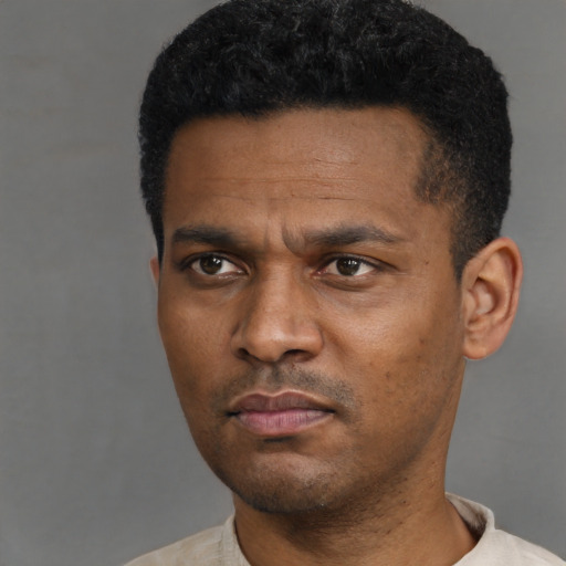Neutral black young-adult male with short  black hair and brown eyes