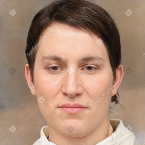 Joyful white young-adult female with short  brown hair and brown eyes