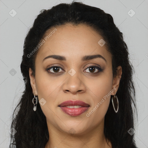 Joyful latino young-adult female with long  brown hair and brown eyes