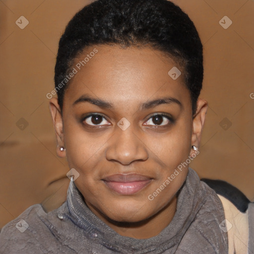Joyful black young-adult female with short  black hair and brown eyes
