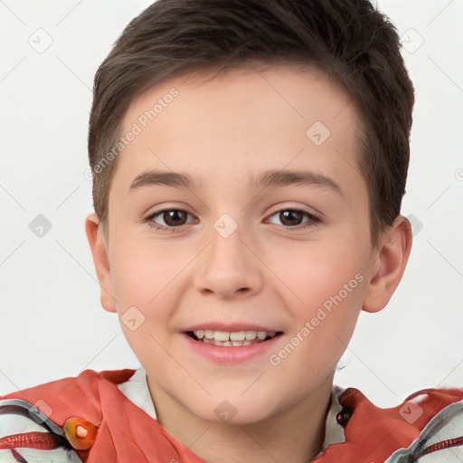 Joyful white child female with short  brown hair and brown eyes