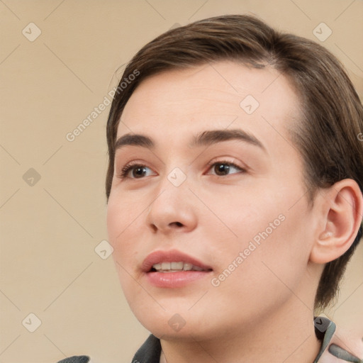 Neutral white young-adult female with medium  brown hair and brown eyes