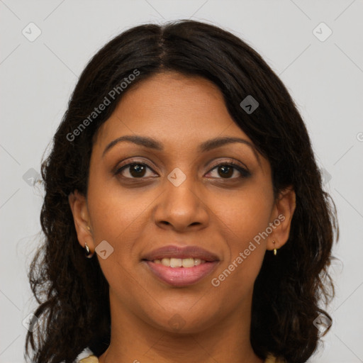 Joyful black young-adult female with medium  brown hair and brown eyes