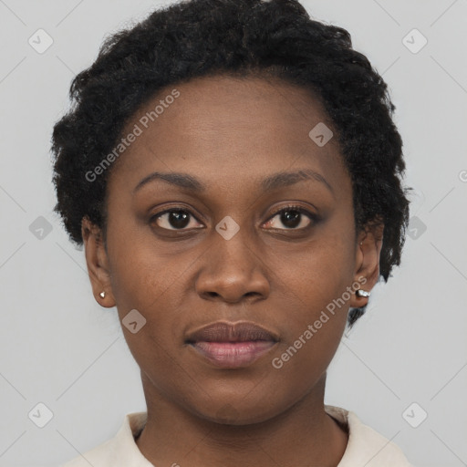 Neutral black young-adult female with short  brown hair and brown eyes