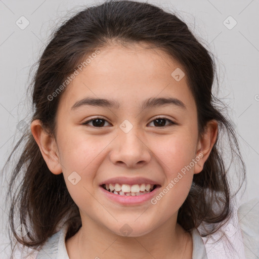 Joyful white child female with medium  brown hair and brown eyes