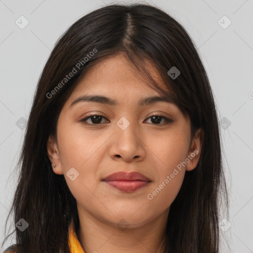 Joyful asian young-adult female with long  brown hair and brown eyes