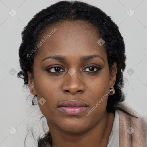 Joyful black young-adult female with long  black hair and brown eyes