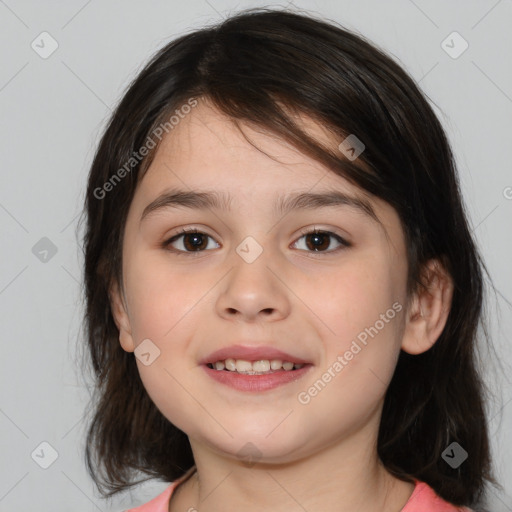 Joyful white child female with medium  brown hair and brown eyes