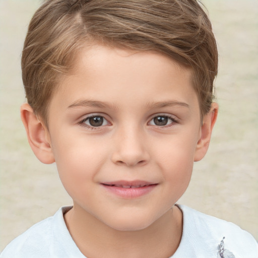 Joyful white child female with short  brown hair and brown eyes