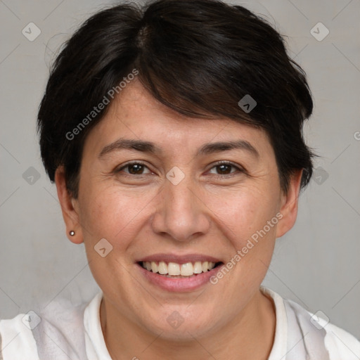 Joyful white adult female with medium  brown hair and brown eyes