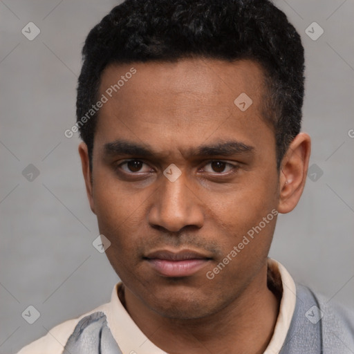Neutral latino young-adult male with short  black hair and brown eyes