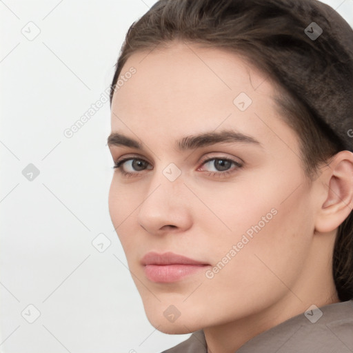 Neutral white young-adult female with short  brown hair and brown eyes