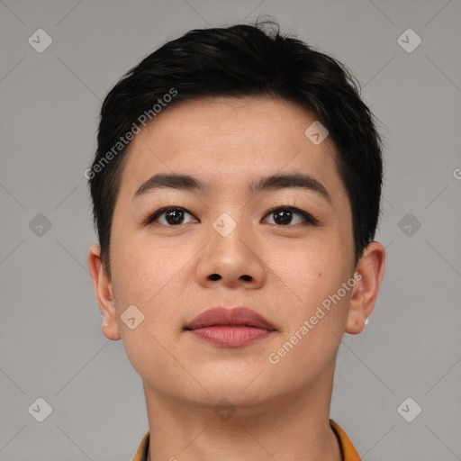 Neutral asian young-adult female with short  black hair and brown eyes