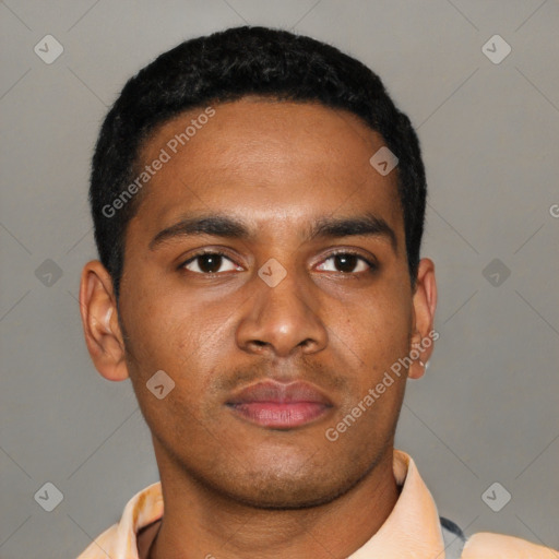 Neutral latino young-adult male with short  black hair and brown eyes